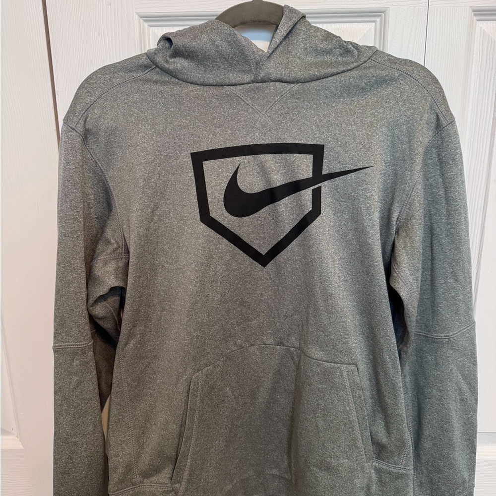Nike Grey Boys XL Hooded Baseball Sweatshirt with Black Swoosh Logo